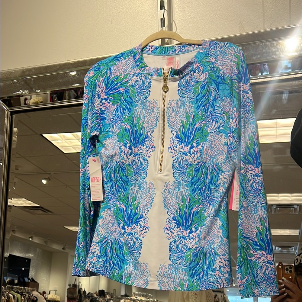 Tropical Print Zip-Up Tunic Top - Blue Green Pink